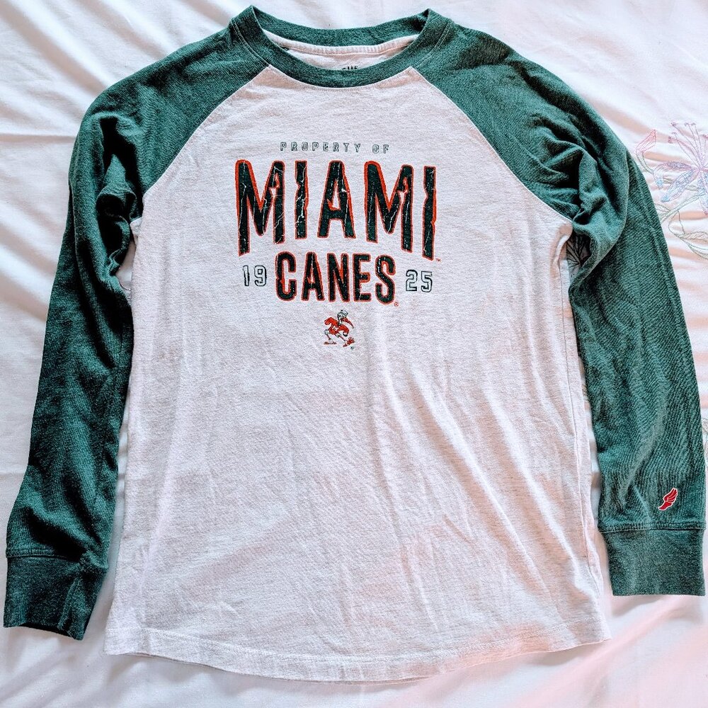 League Kids Miami Hurricanes Raglan Long Sleeve Tee Sz Youth L 10-12 University